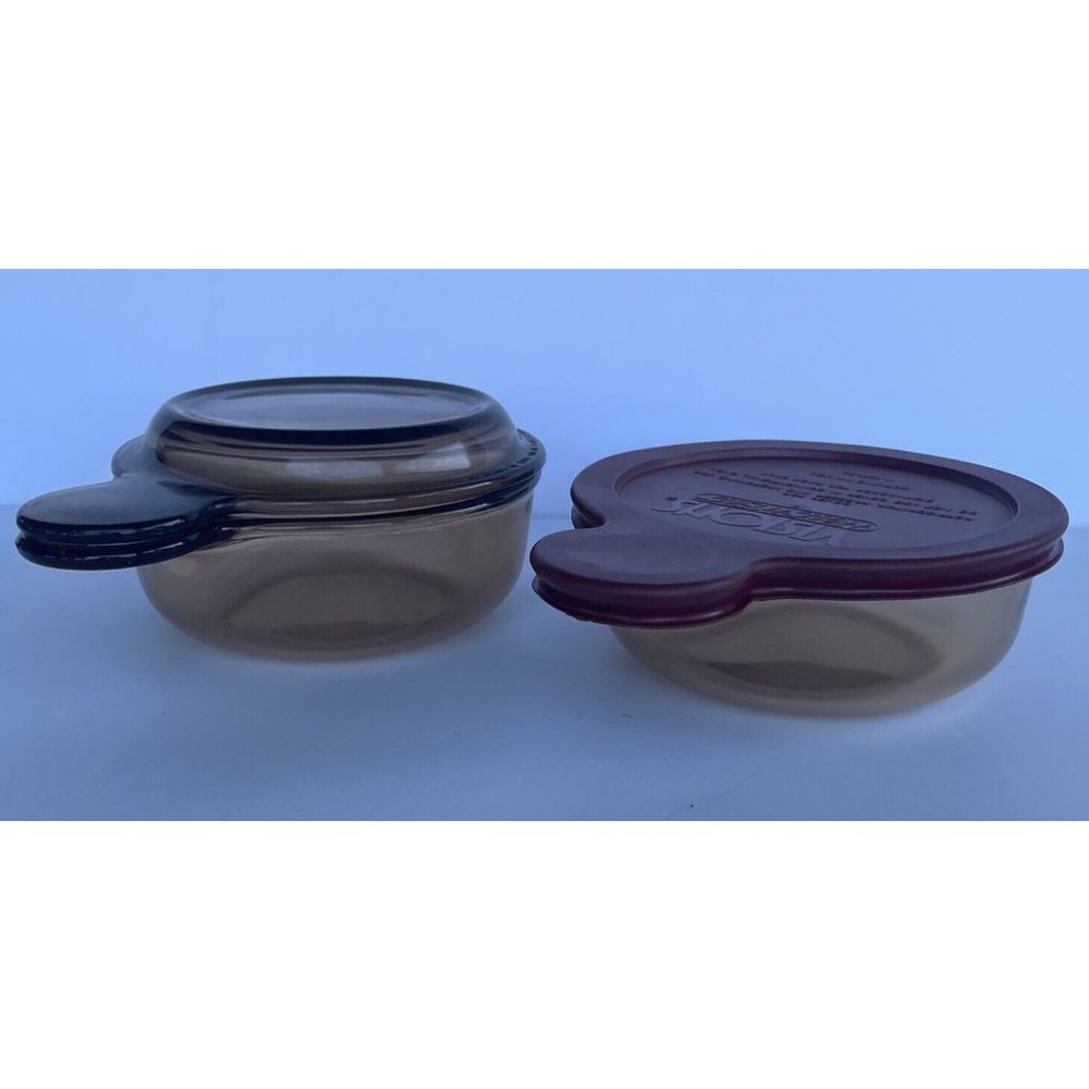 2 Vintage Visions Heat N Eat Bowls V-150-B  Plastic Lid Pyrex Lid - Amber